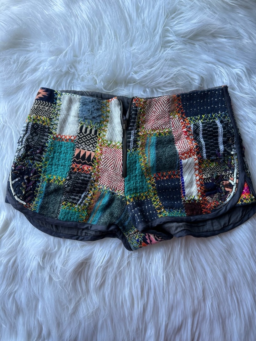 EARTHBOUND Patchwork Shorts in Teal, Black, Cream, Pink